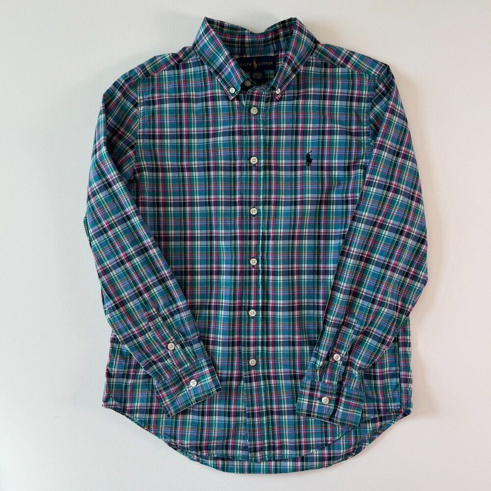 Ralph Lauren BOYS Long Sleeve Button Down Sz. L (14-16) Plaid Blue Pink Green - Picture 2 of 12